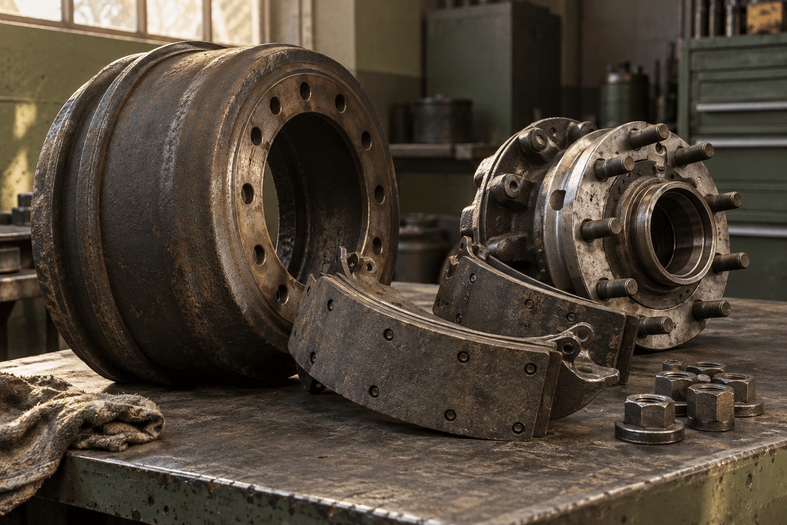 Heavy-duty brake components on a workshop bench.