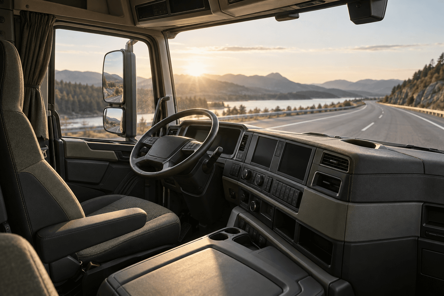 The interior of a truck cab in natural daylight.