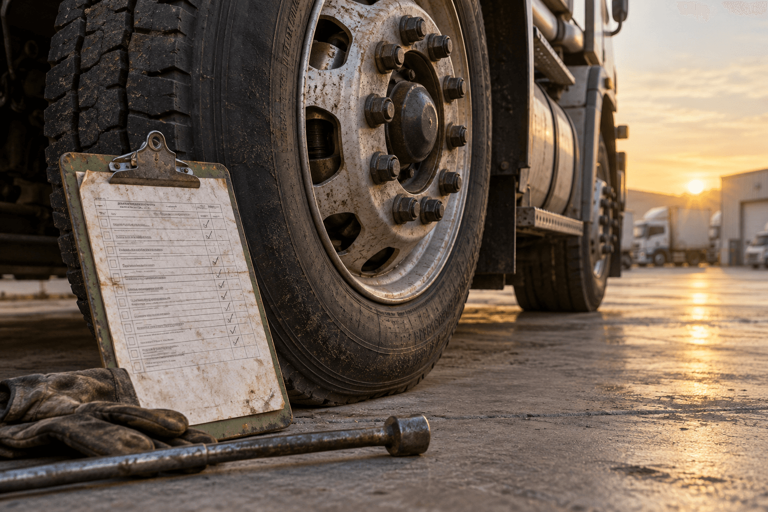 A truck wheel and an inspection clipboard in early morning light.