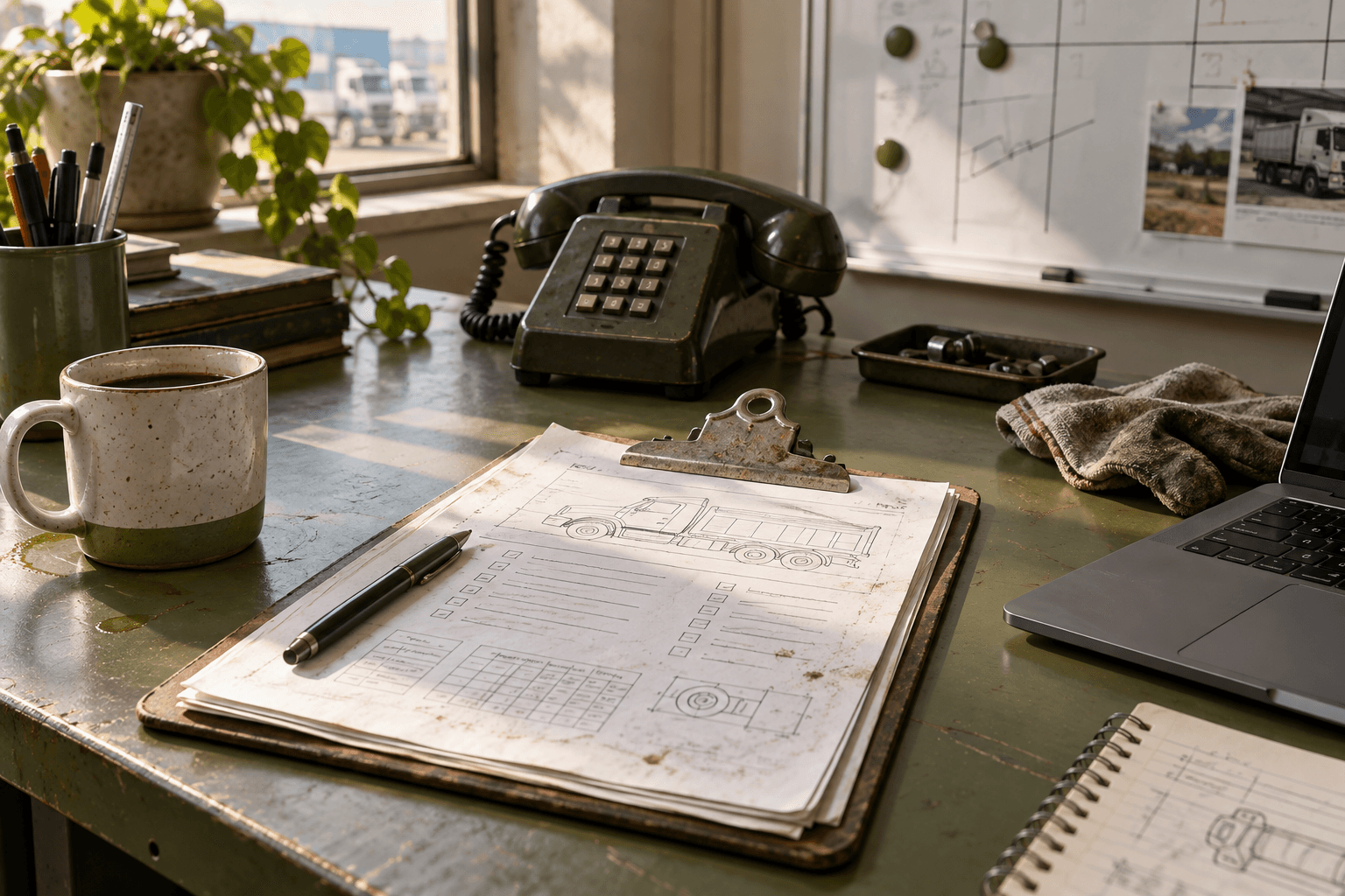 A workshop office with repair notes, a telephone and a clipboard.