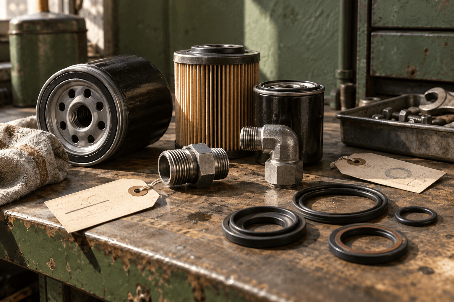 Heavy-duty filters, fittings and parts arranged on a workshop bench.