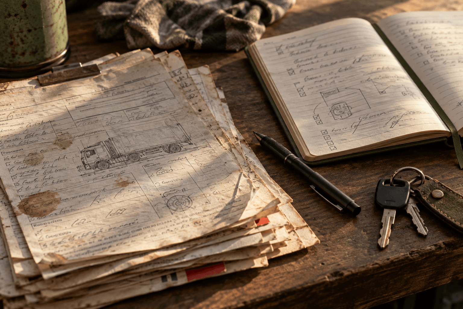Maintenance paperwork, a notebook and keys on a well-used desk.