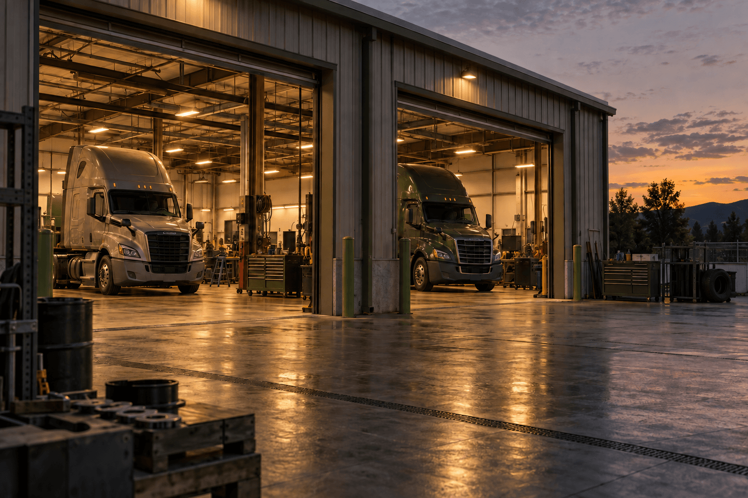 A fleet workshop with trucks in the service bays.
